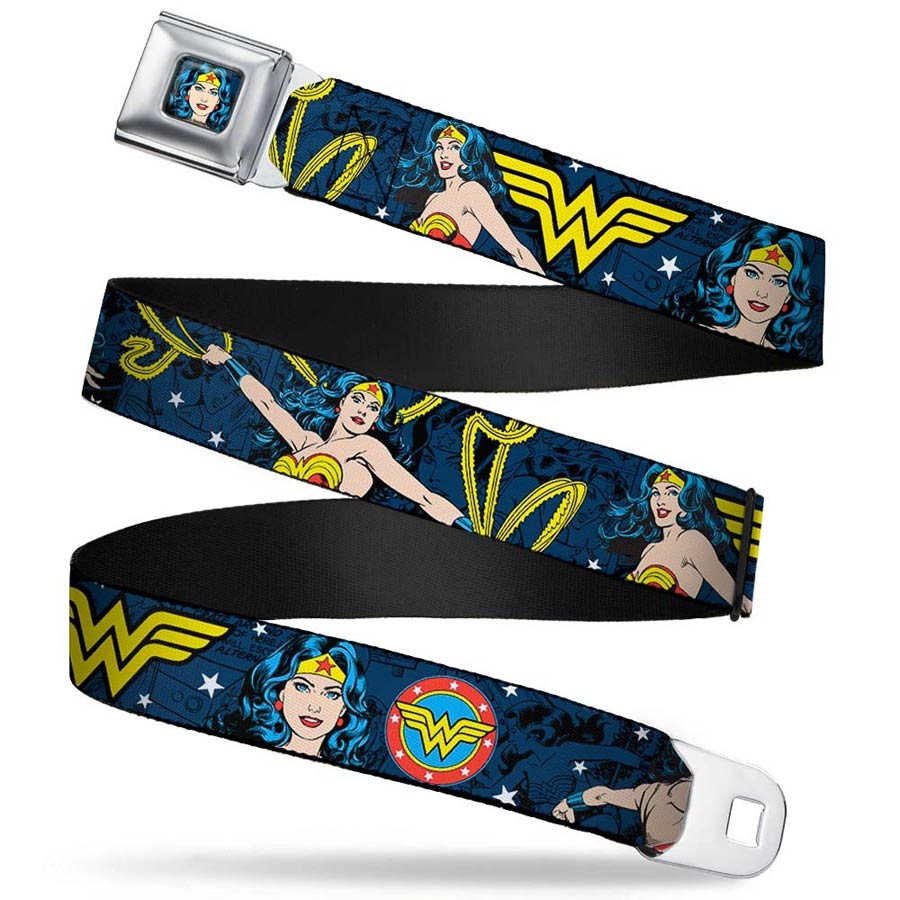 DC Comics Seatbelt-Style Belt 24-38 Inches - Wonder Woman With Lasso On Black And Blue