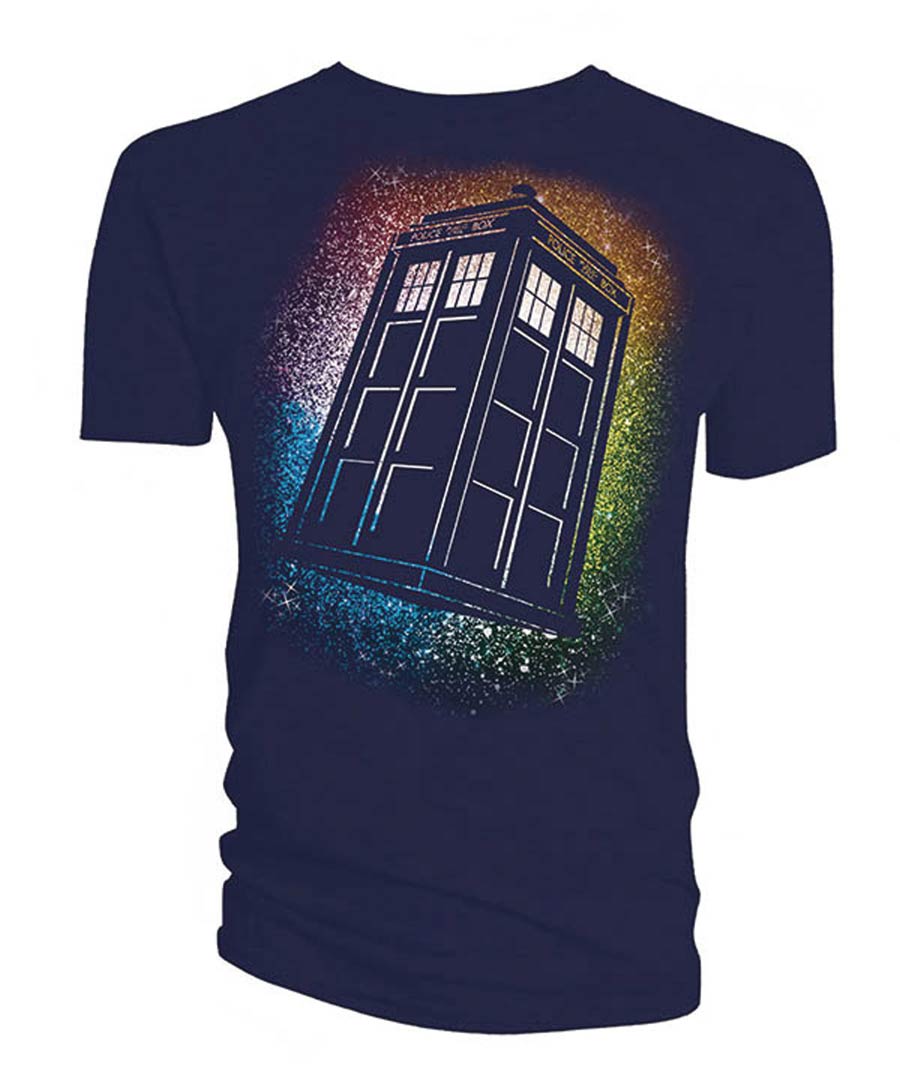 Doctor Who TARDIS Rainbow Stardust Navy T-Shirt Large