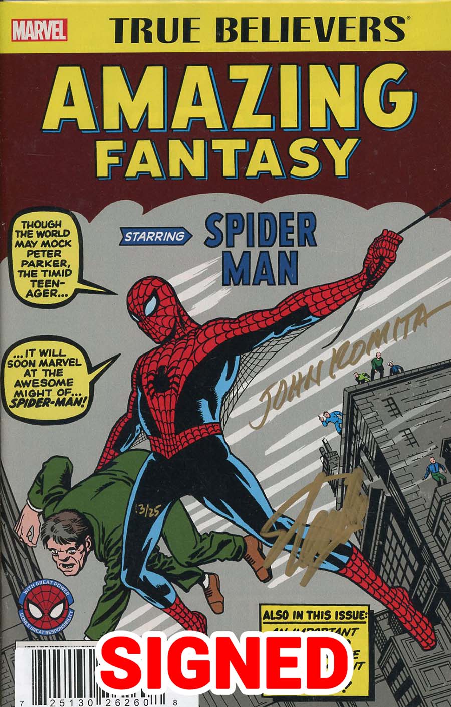 True Believers Amazing Fantasy Starring Spider-Man #1 Cover B DF Gold Signature Series Dual Signed By Stan Lee & John Romita Sr