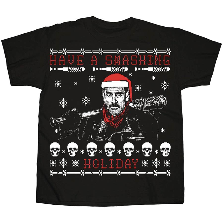 Walking Dead Smashing Ugly Christmas Black T-Shirt Large