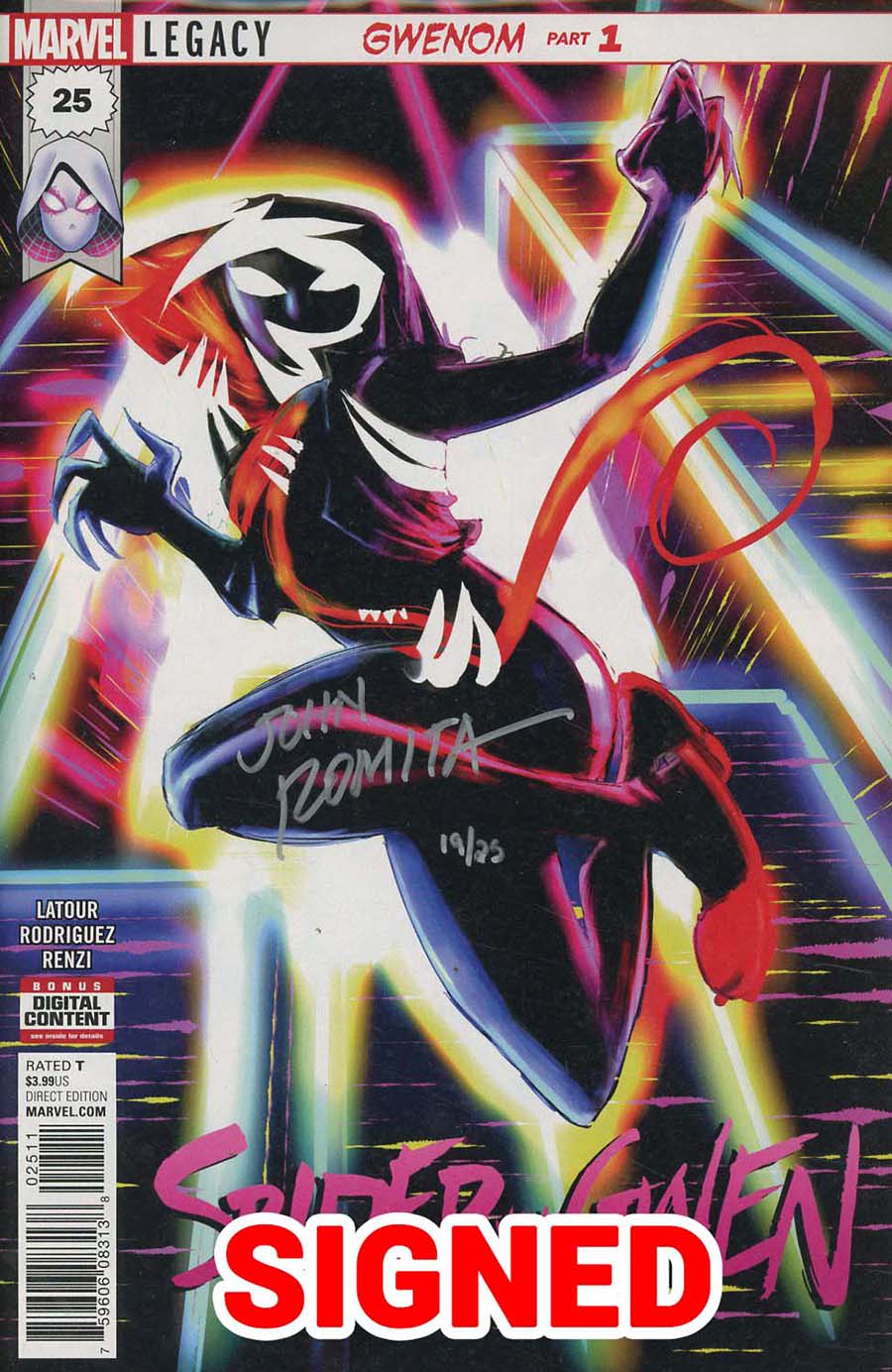 Spider-Gwen Vol 2 #25 Cover F DF Symbiote Silver Signature Series Signed By John Romita Sr
