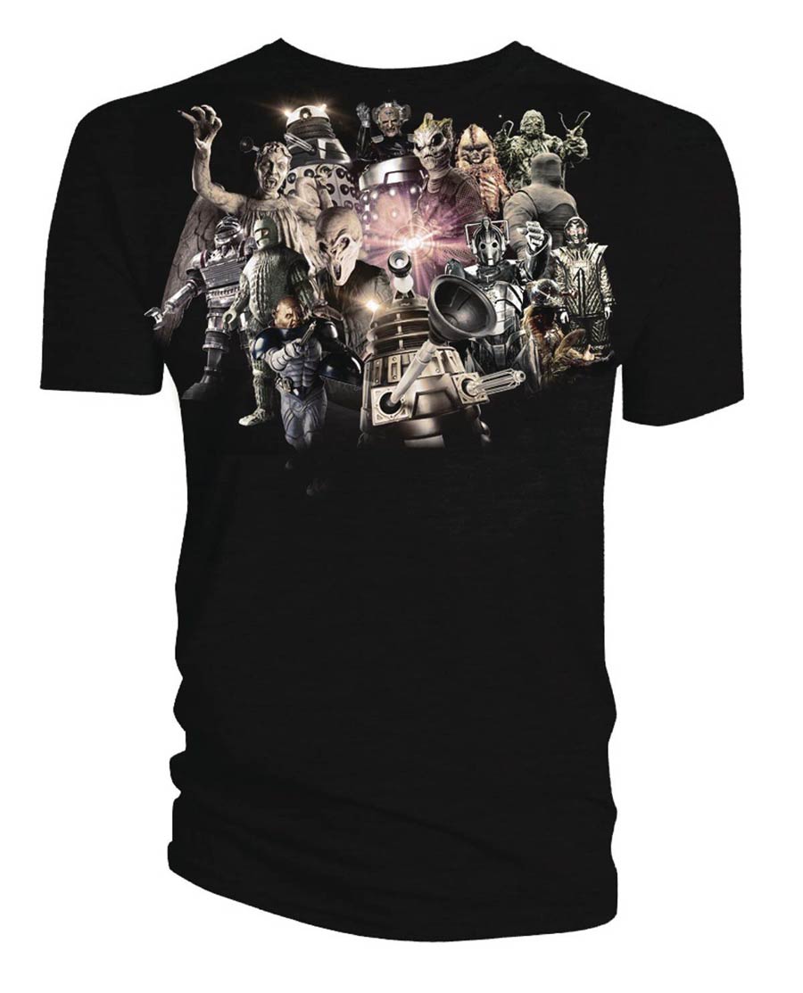 Doctor Who Monsters Montage Previews Exclusive Black T-Shirt Large