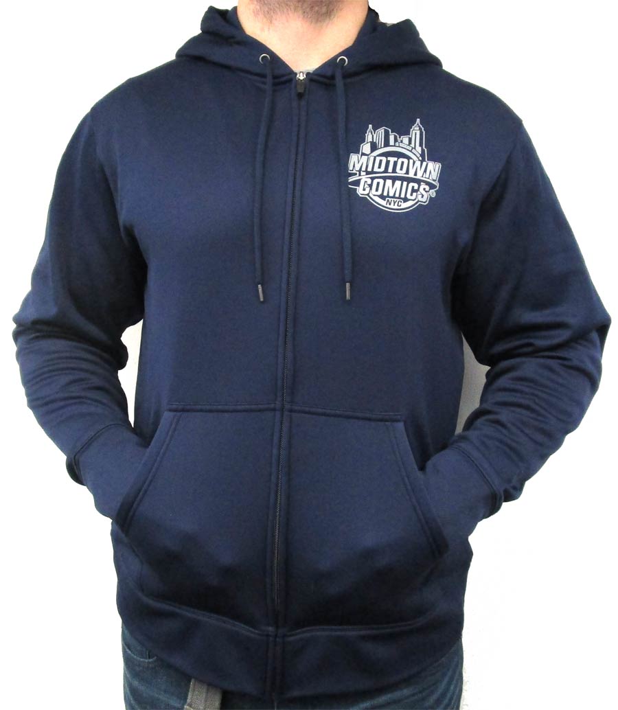 Midtown Comics Silver Logo Navy Mens Hooded Sport-Tek Jacket Large