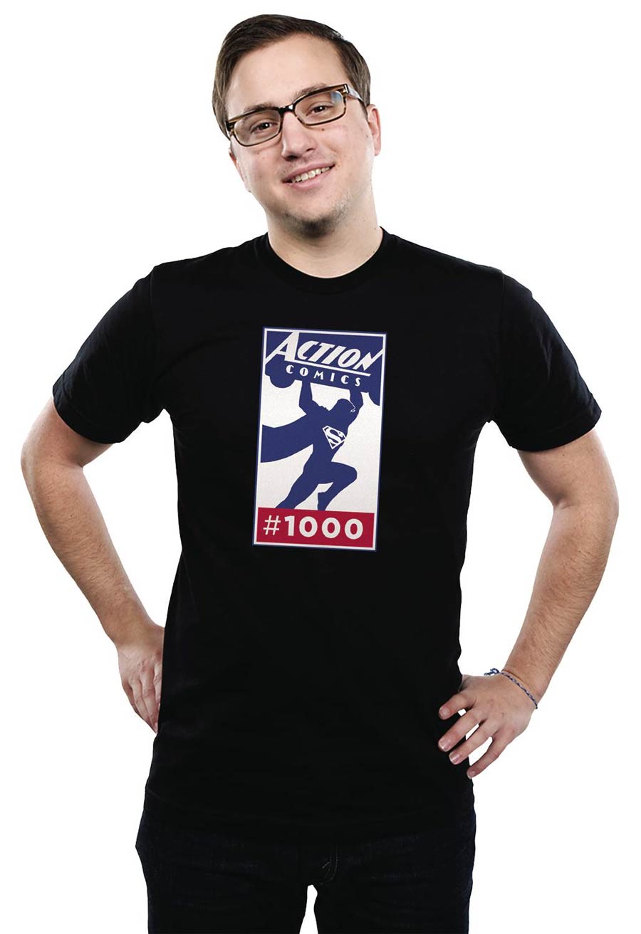 Superman Action Comics 1000 Logo Black T-Shirt Large