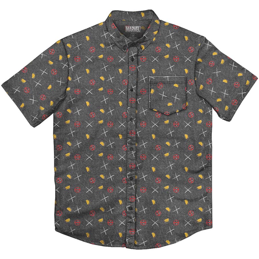 Deadpool Party Charcoal Button Up T-Shirt Large