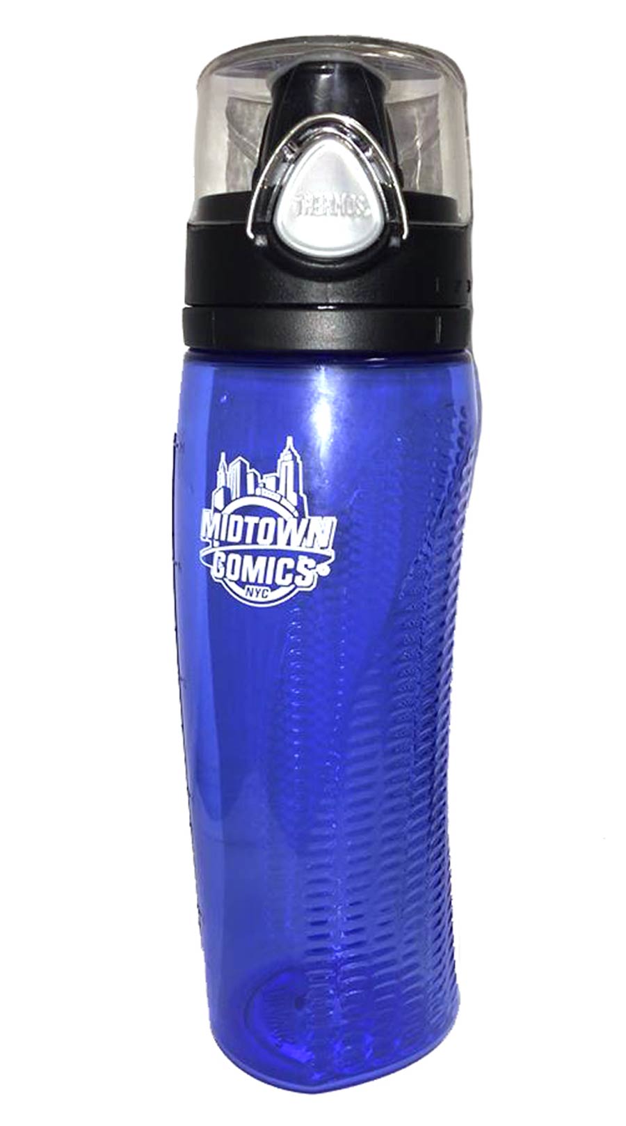 Midtown Comics White Logo Thermos Hydration With Meter 24-Ounce Blue Sports Bottle