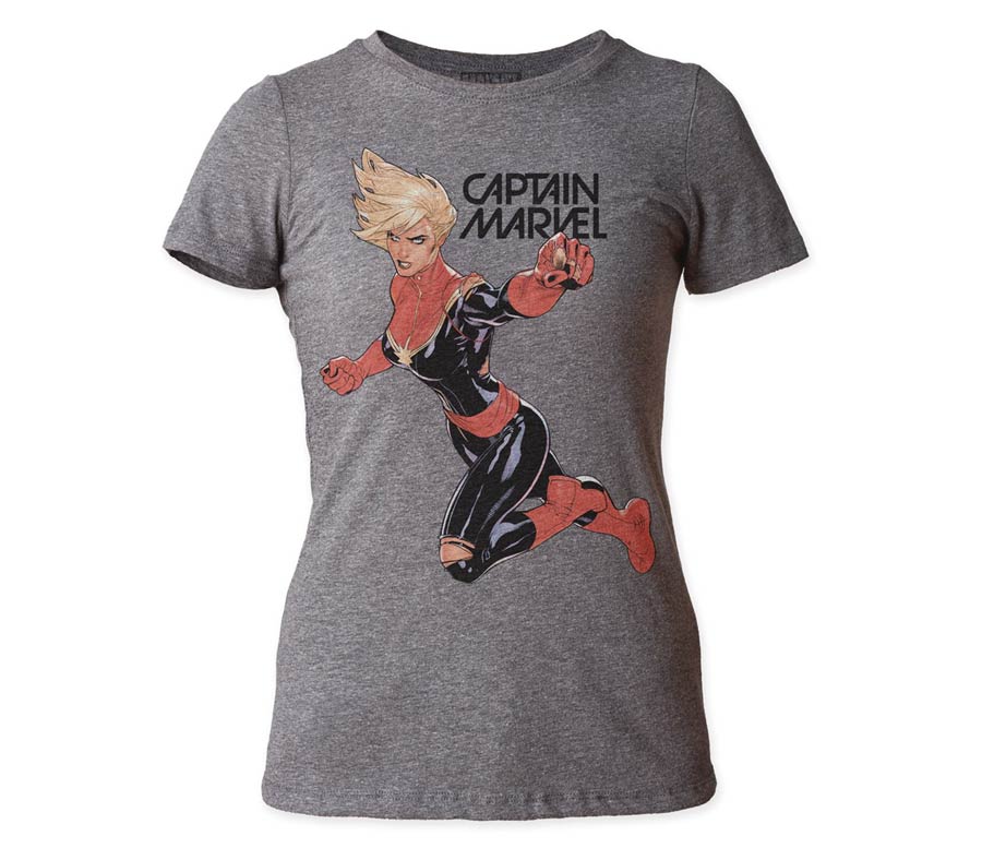 Captain Marvel Flight Or Fight Previews Exclusive Heather Gray Juniors T-Shirt Large