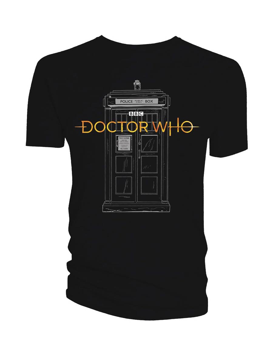 Doctor Who 13th Doctor Logo Against TARDIS Black T-Shirt Large