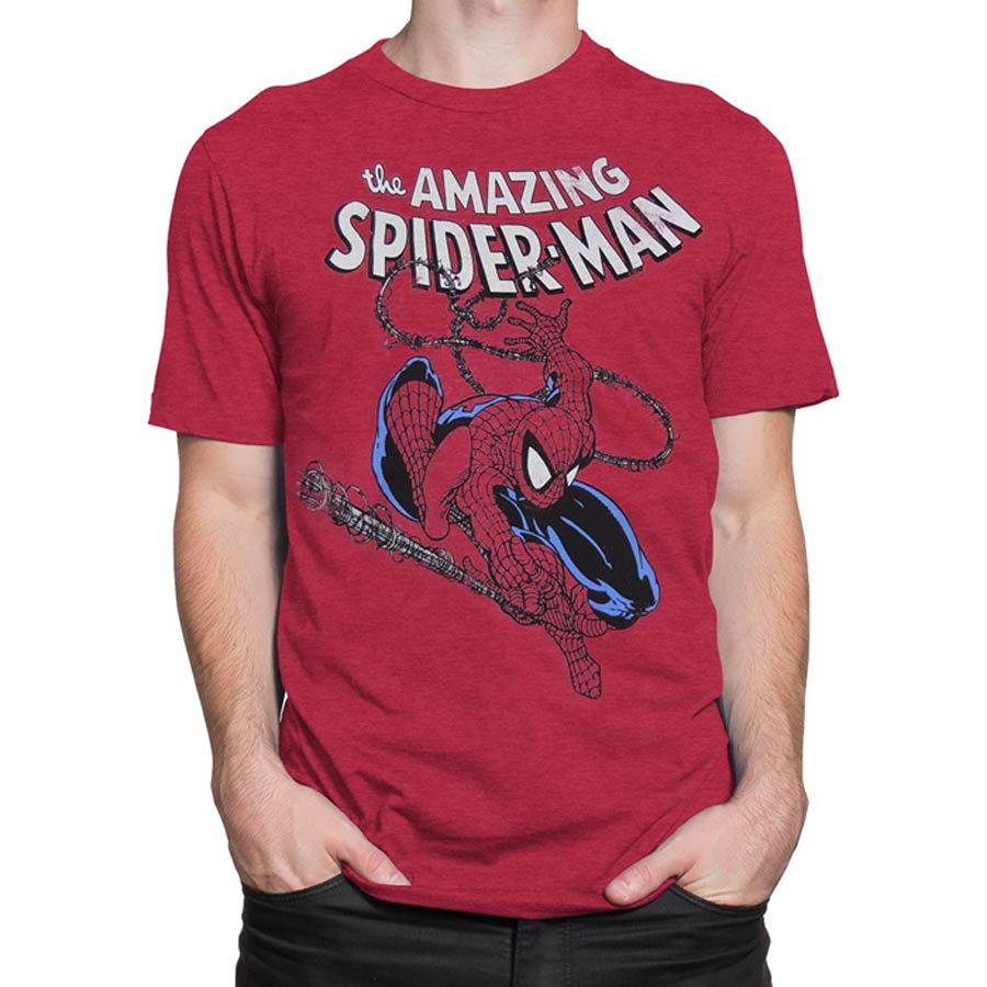 Spider-Man Spidey Swinging Fitted Jersey Heather Red Mens T-Shirt Large