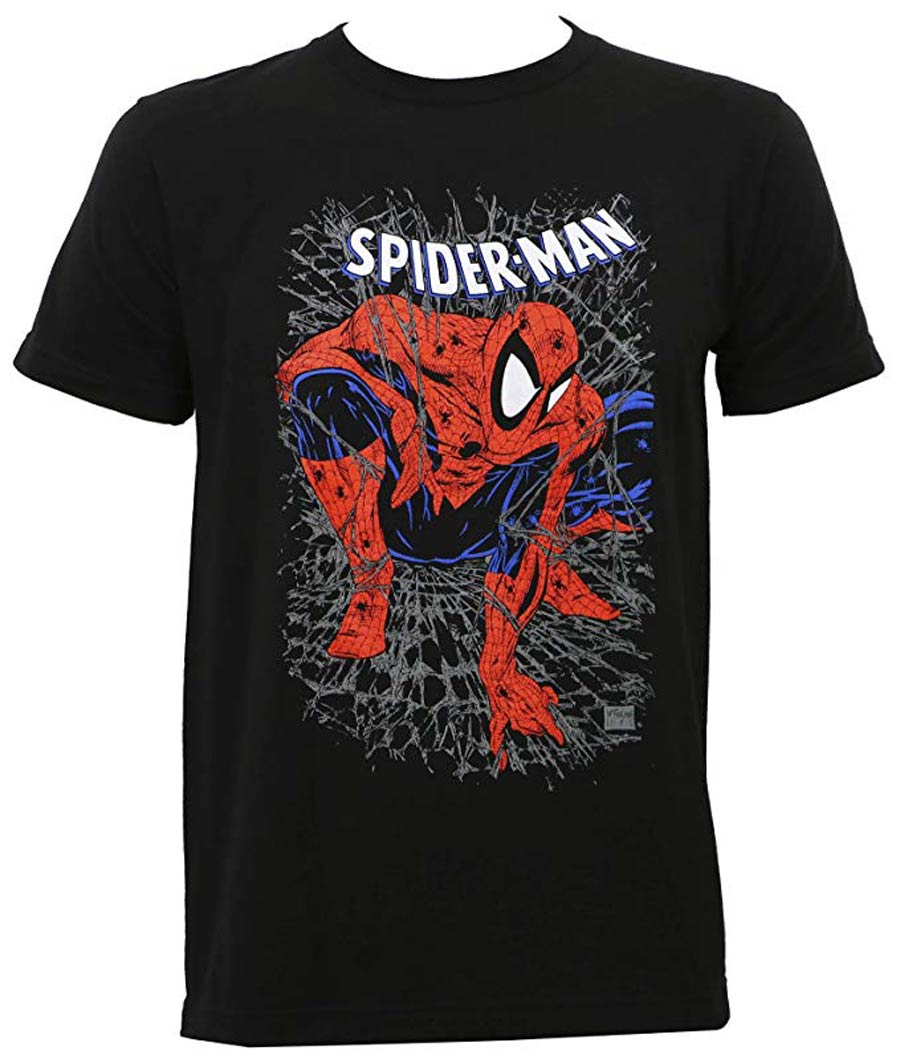 Spider-Man Tangled Web Fitted Jersey Black Mens T-Shirt Large