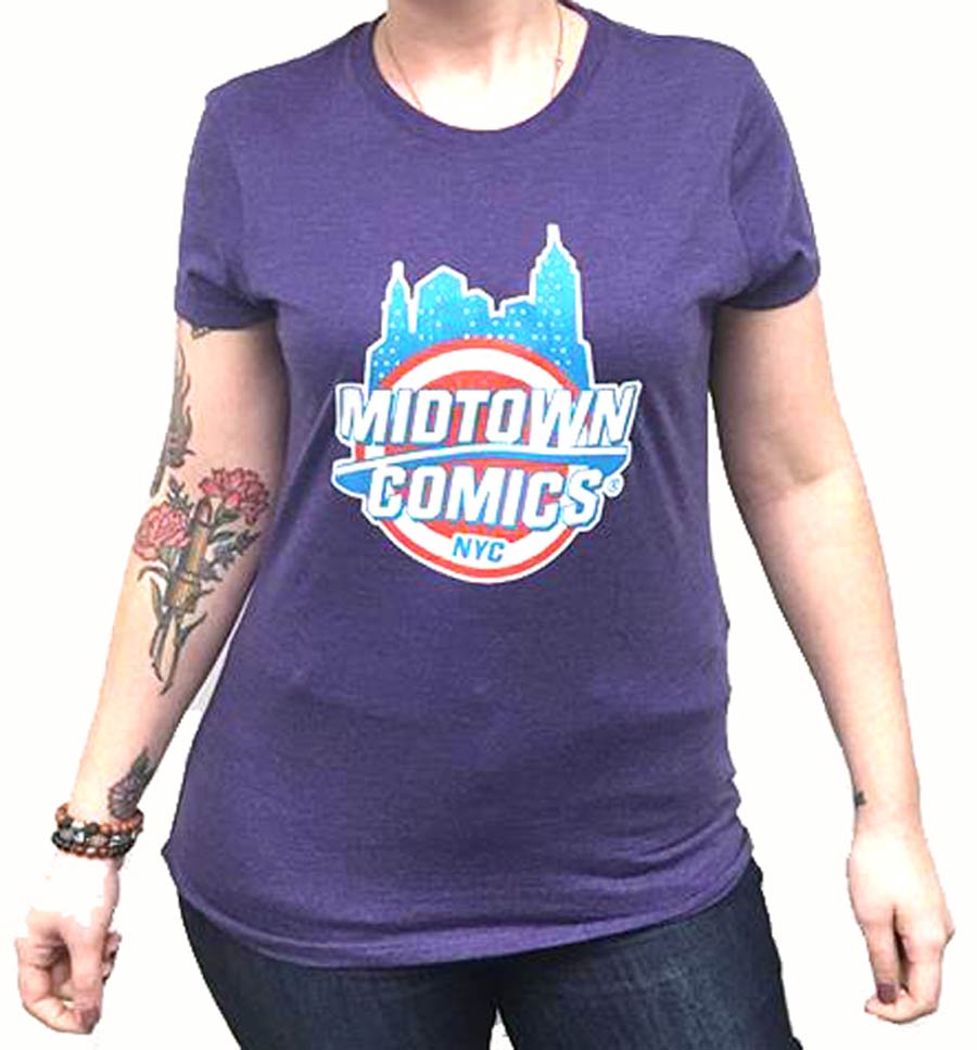 Midtown Comics Shield Logo Juniors Purple T-Shirt Large