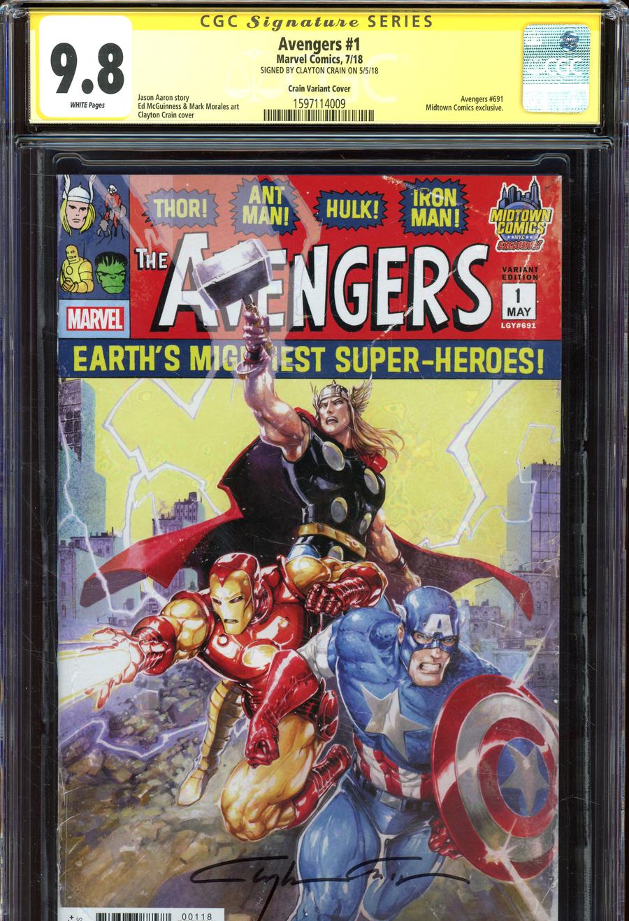 Avengers Vol 7 #1  Midtown Exclusive Clayton Crain Variant Cover Signed By Clayton Crain CGC 9.8