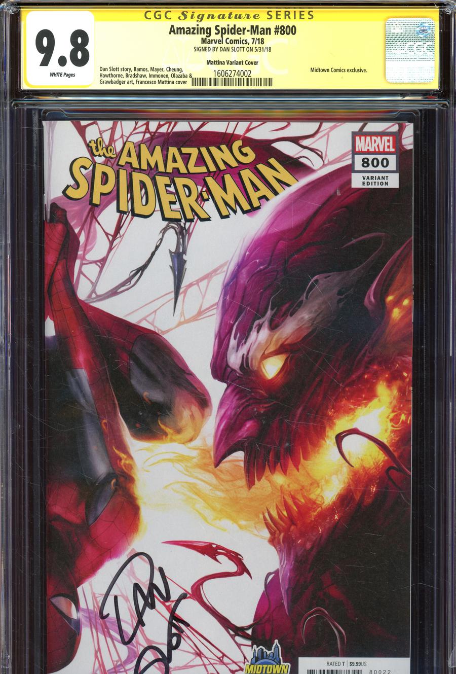 Amazing Spider-Man Vol 4 #800  Midtown Exclusive Francesco Mattina & Will Sliney Connecting Cover Signed By Dan Slott CGC 9.8 (Right Side)
