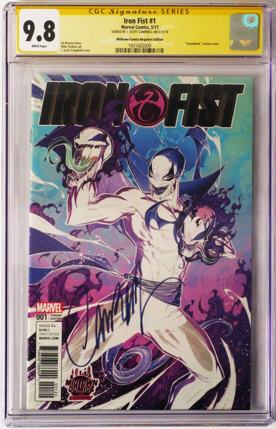 Iron Fist Vol 5 #1  Midtown Exclusive J Scott Campbell Anti-Venomized Negative Colors Variant Cover Signed By J Scott Campbell CGC 9.8