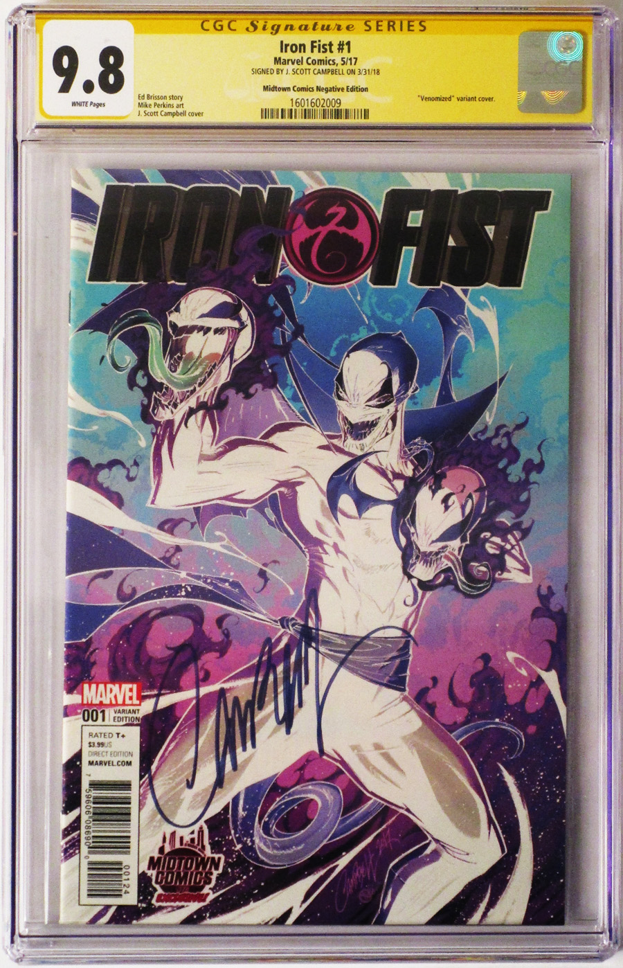 Iron Fist Vol 5 #1  Midtown Exclusive J Scott Campbell Anti-Venomized Negative Colors Variant Cover Signed By J Scott Campbell CGC 9.8