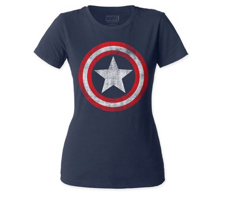 Captain America Distressed Shield Juniors Crew Navy T-Shirt Large