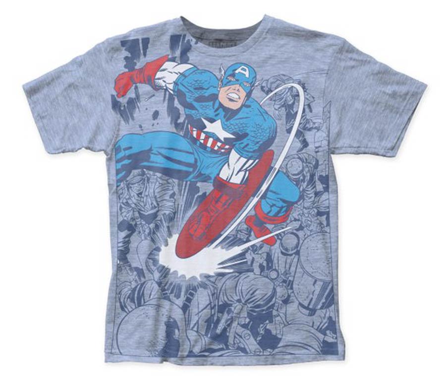 Captain America Captain Fighting Big Print Subway Heather Athletic Blue T-Shirt Large