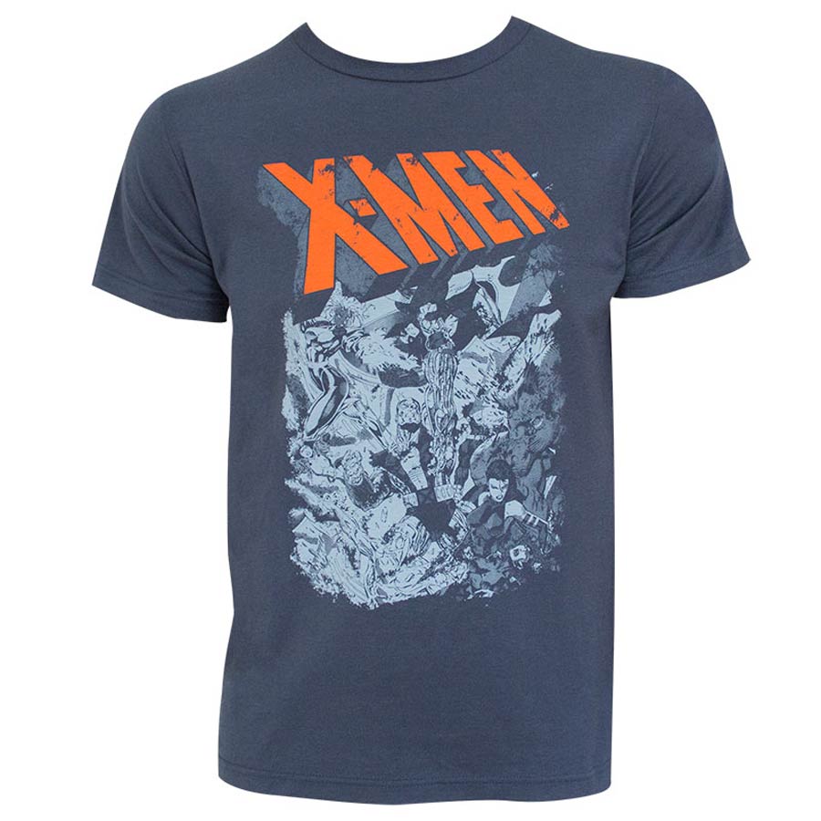 X-Men Group Fight Fitted Jersey Indigo T-Shirt Large
