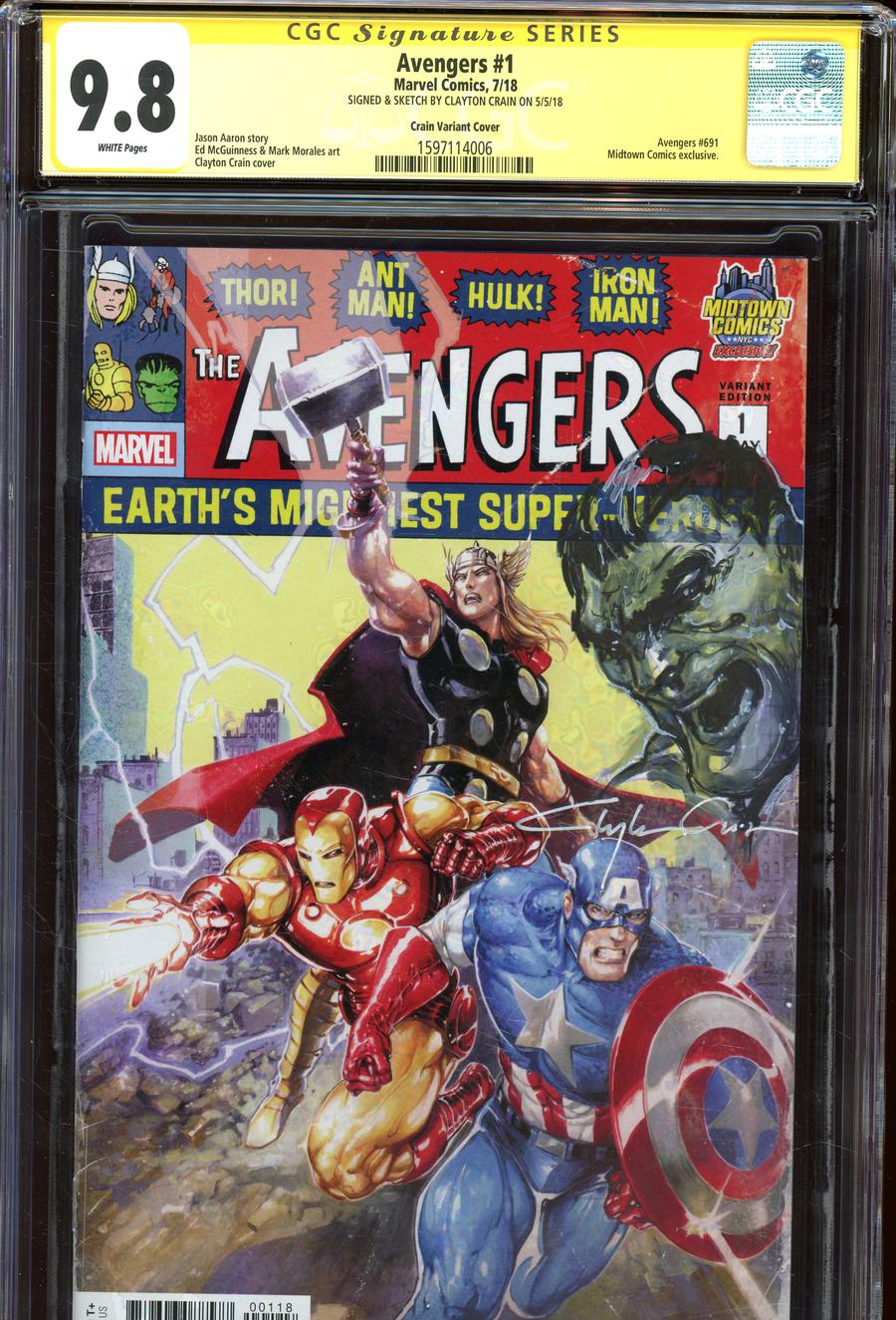 Avengers Vol 7 #1  Midtown Exclusive Clayton Crain Variant Cover Signed And Hulk Sketch By Clayton Crain CGC 9.8