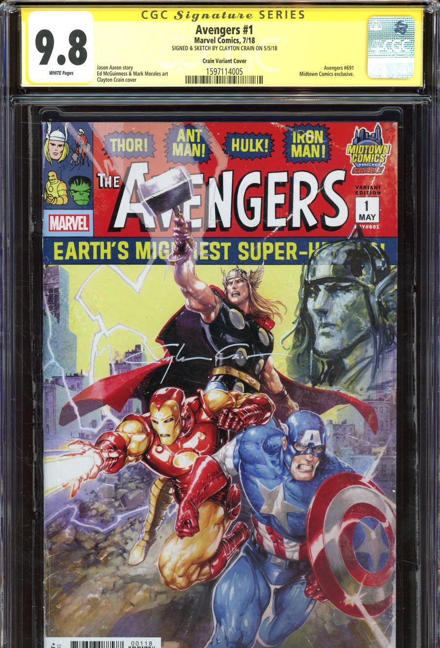 Avengers Vol 7 #1  Midtown Exclusive Clayton Crain Variant Cover Signed And Thor Sketch By Clayton Crain CGC 9.8