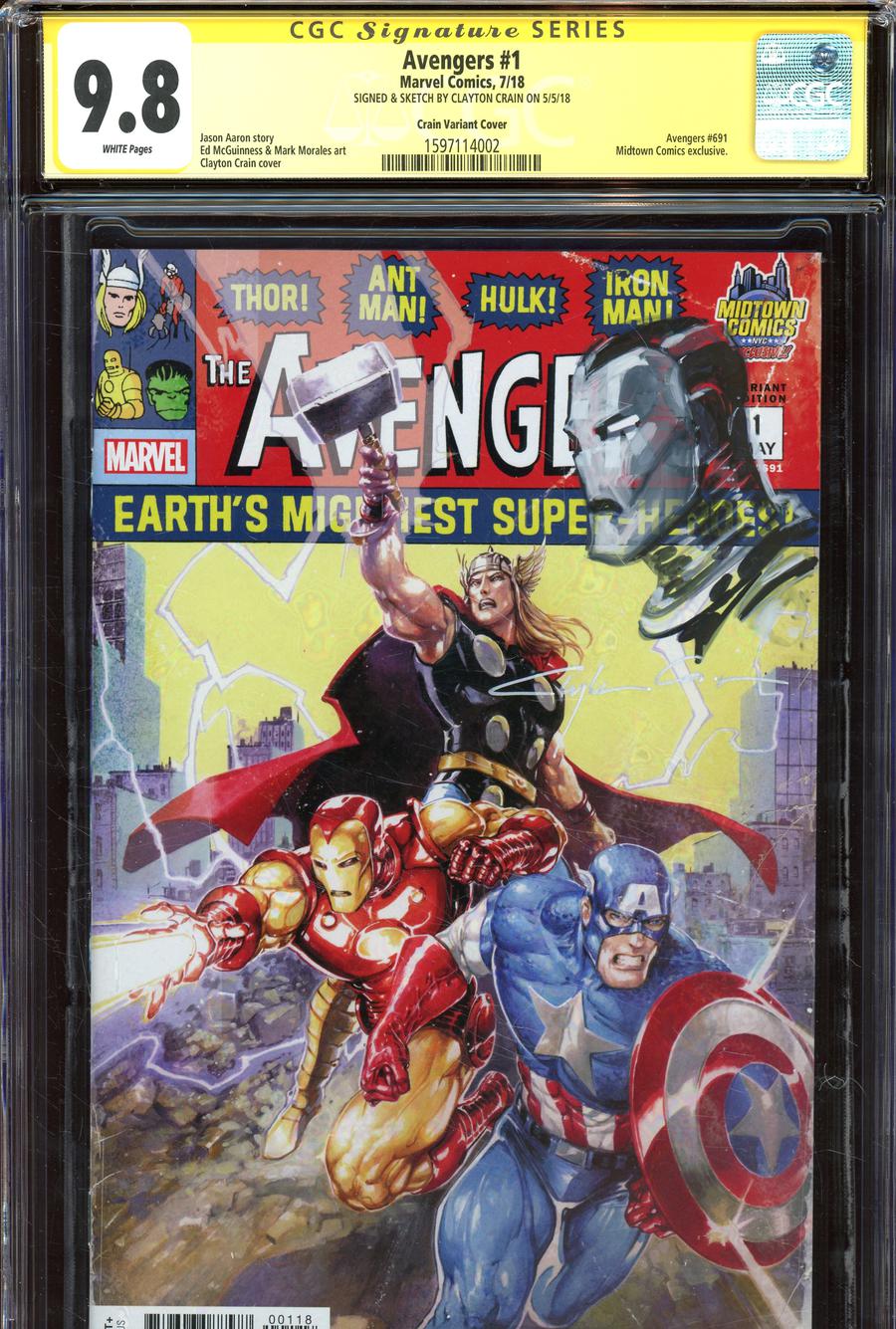 Avengers Vol 7 #1  Midtown Exclusive Clayton Crain Variant Cover Signed And Iron Man Sketch By Clayton Crain CGC 9.8