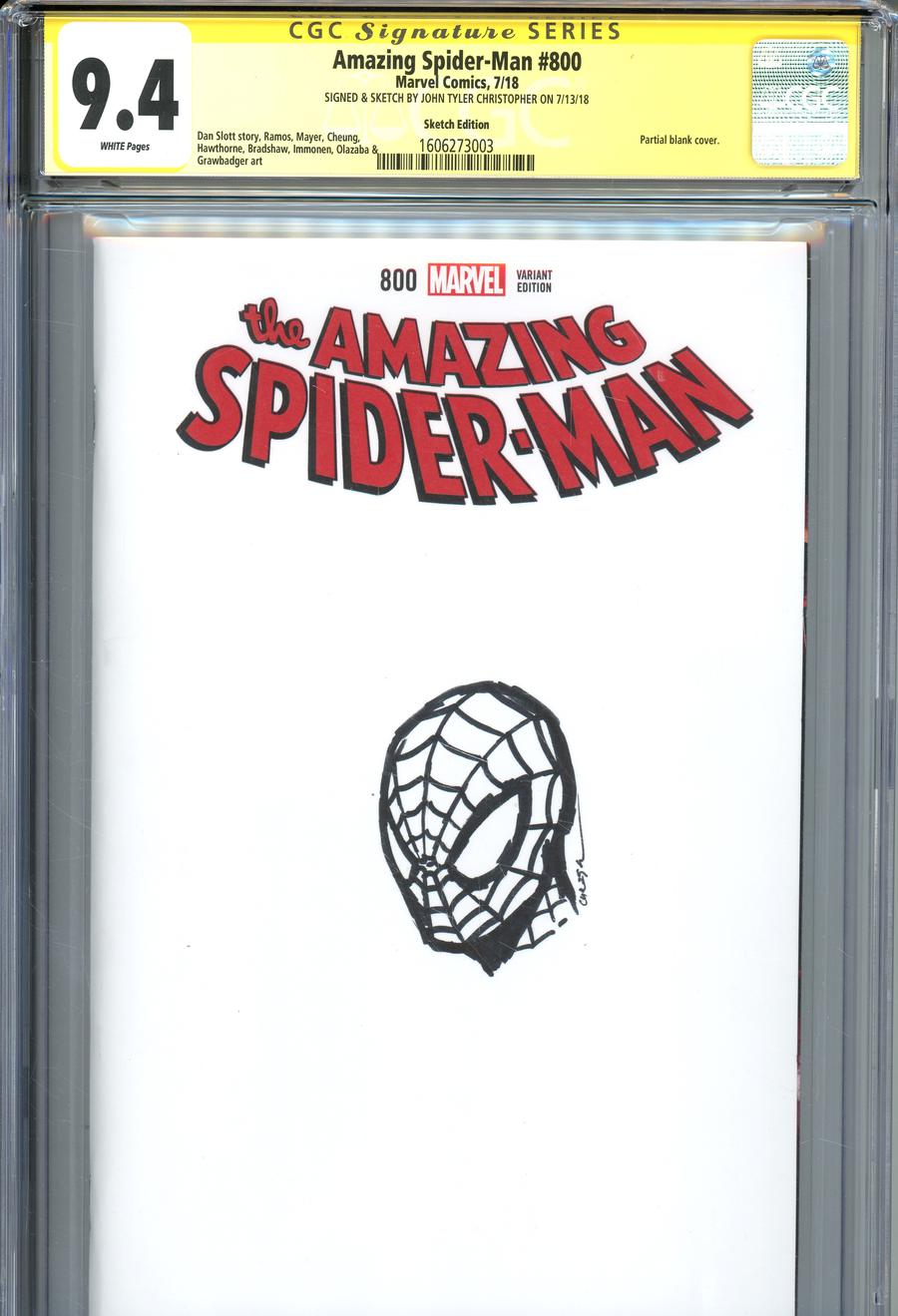 Amazing Spider-Man Vol 4 #800 Cover Z-I Variant Blank Cover Signed & Sketched By John Tyler Christopher CGC 9.4