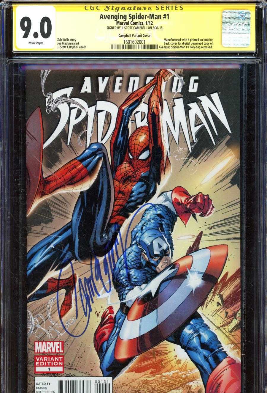 Avenging Spider-Man #1 Cover R Incentive J Scott Campbell Variant Cover Signed By J Scott Campbell CGC 9.0