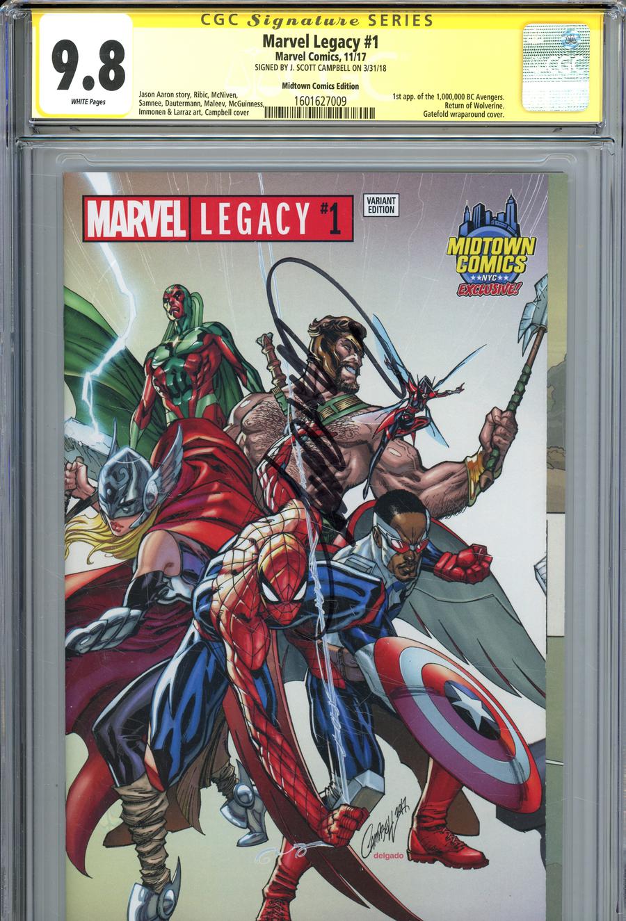 Marvel Legacy #1  Midtown Exclusive J Scott Campbell Gatefold Wraparound Variant Cover Signed By J Scott Campbell CGC 9.8