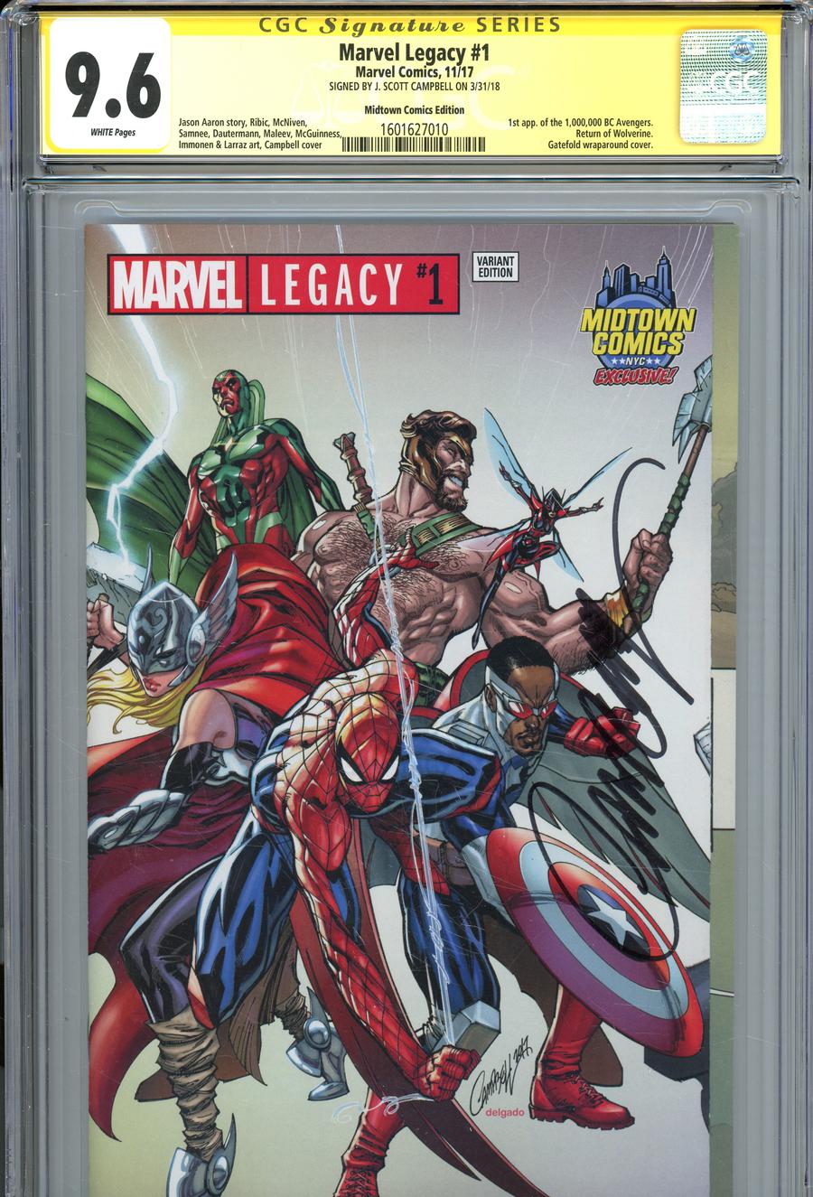 Marvel Legacy #1  Midtown Exclusive J Scott Campbell Gatefold Wraparound Variant Cover Signed By J Scott Campbell CGC 9.6