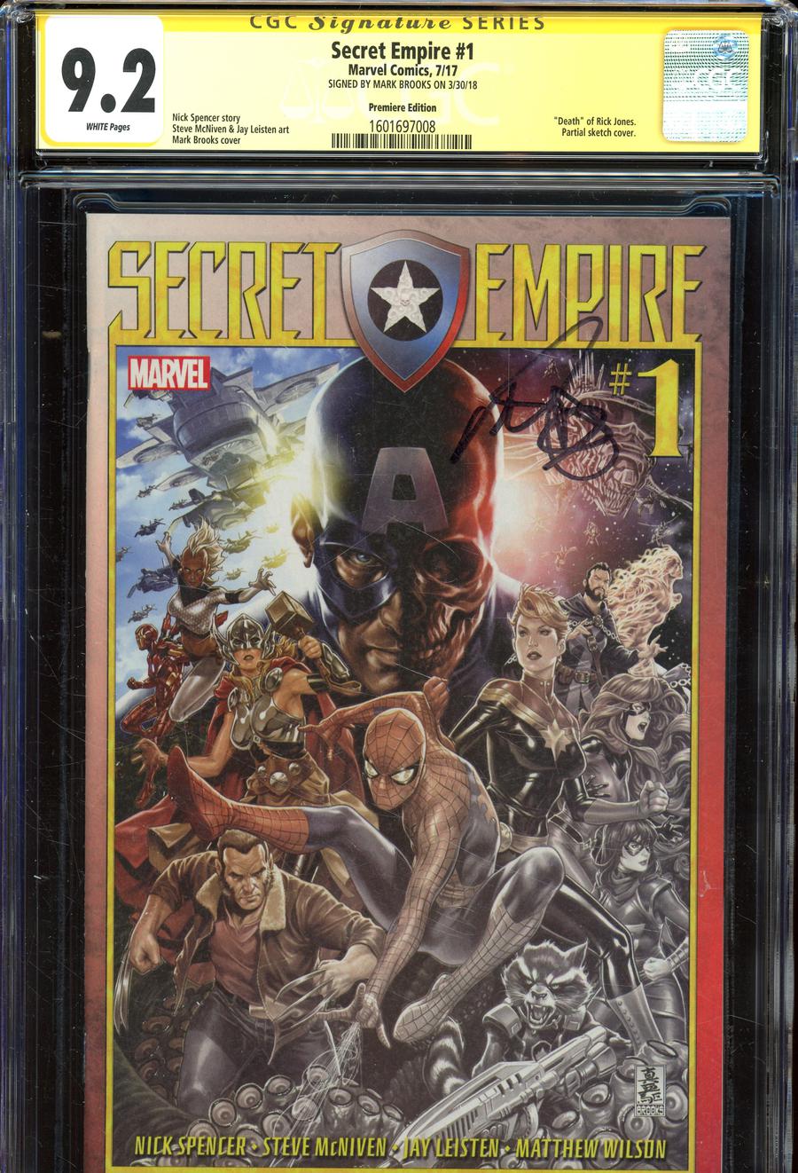 Secret Empire #1 Cover N Incentive Mark Brooks Premiere Variant Cover Signed By Mark Brooks CGC 9.2
