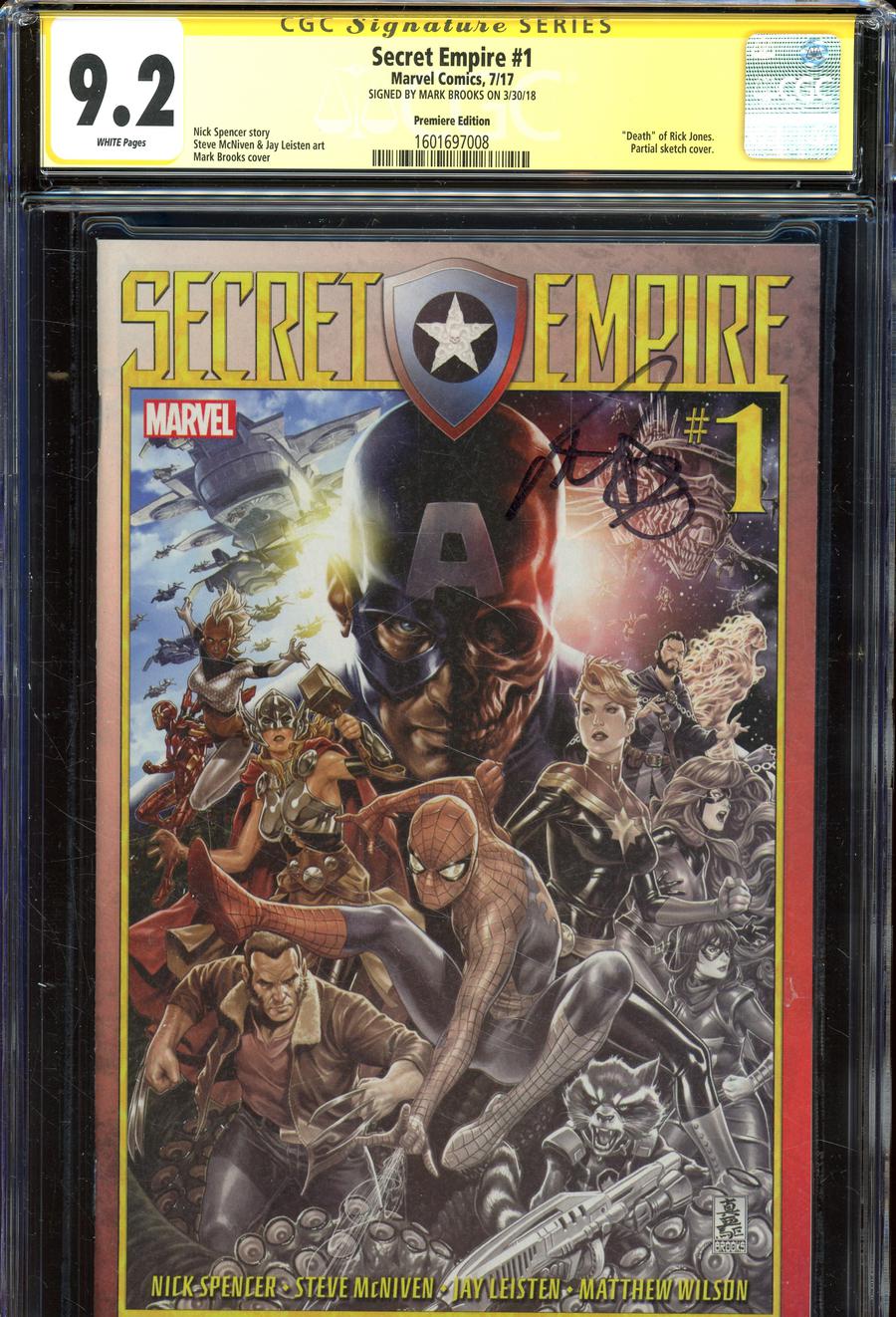 Secret Empire #1 Cover N Incentive Mark Brooks Premiere Variant Cover Signed By Mark Brooks CGC 9.2