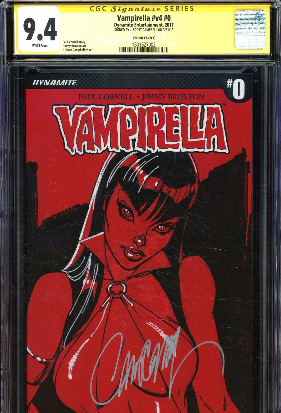 Vampirella Vol 7 #0 Cover D Incentive J Scott Campbell Sneak Peek Variant Cover Signed By J Scott Campbell CGC 9.4