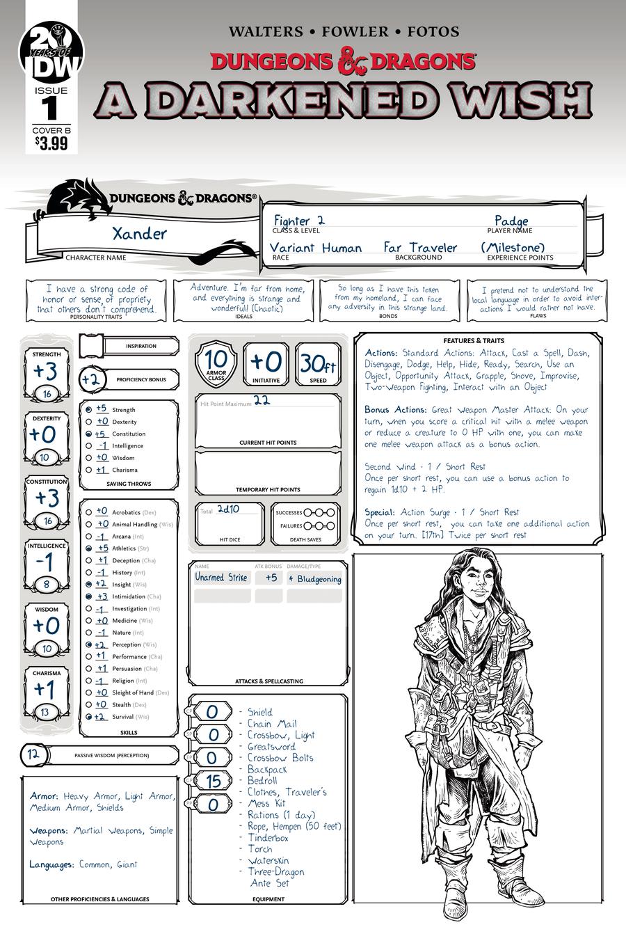 Dungeons & Dragons A Darkened Wish #1 Cover B Variant Character Sheet Cover