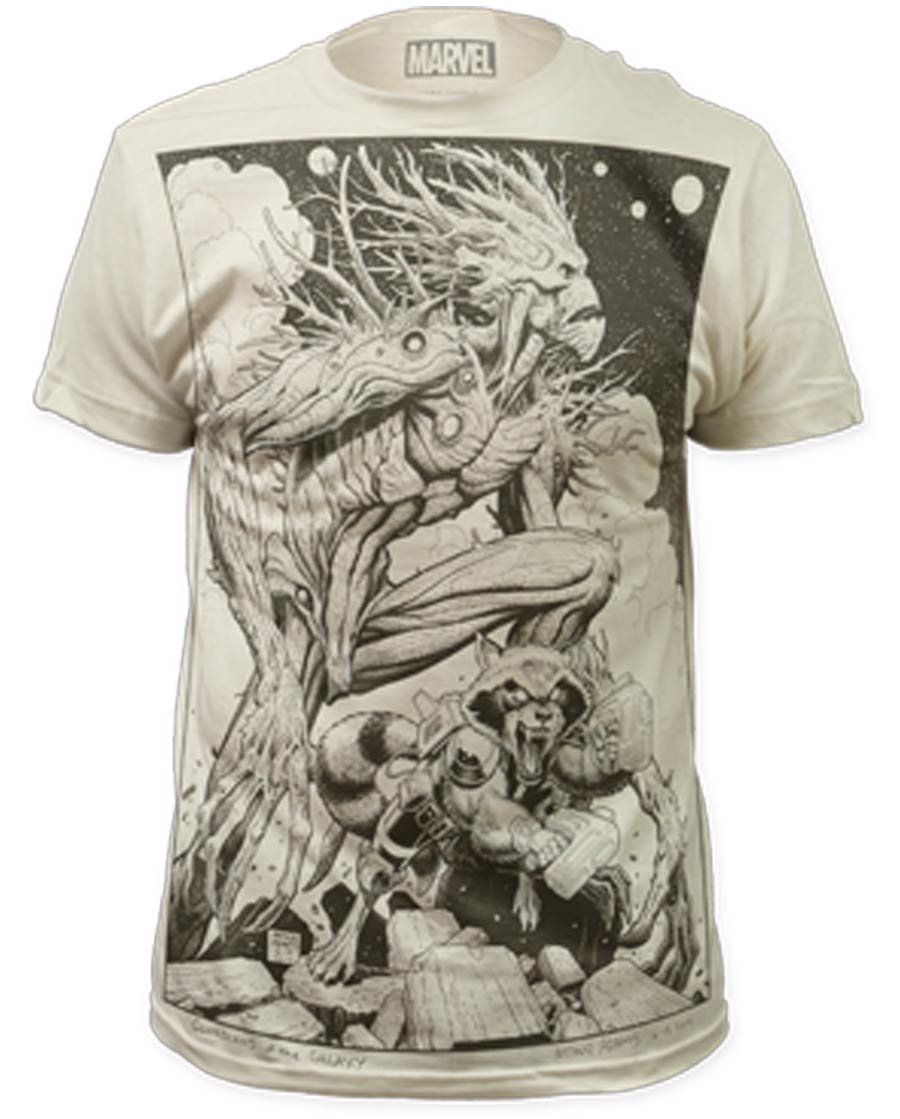Guardians Of The Galaxy Groot & Rocket Sketch Big Print Subway Vintage White T-Shirt Large