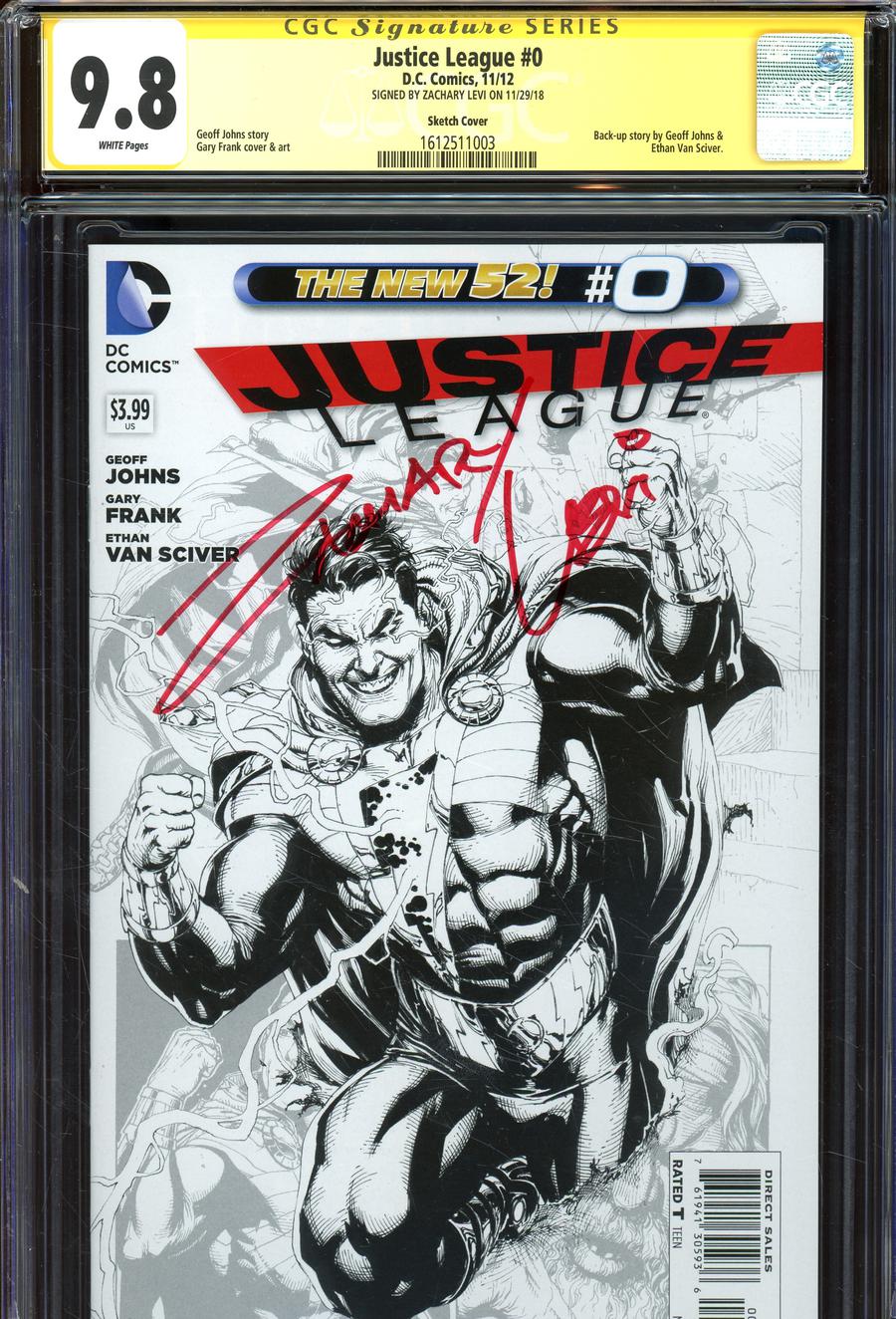 Justice League Vol 2 #0 Cover F Incentive Gary Frank Sketch Cover Signed By Zachary Levi CGC 9.8