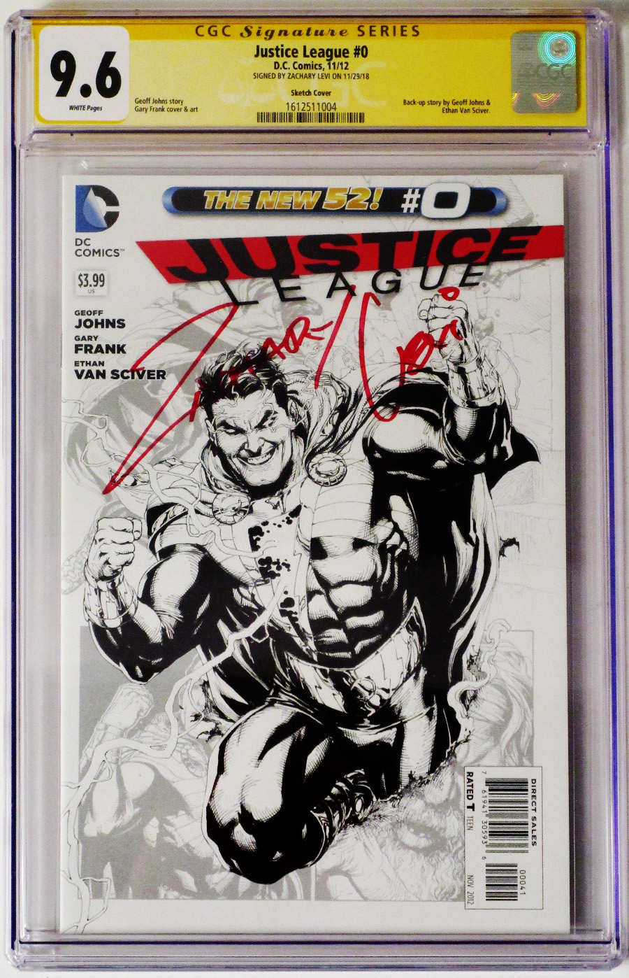 Justice League Vol 2 #0 Cover G Incentive Gary Frank Sketch Cover Signed By Zachary Levi CGC 9.6