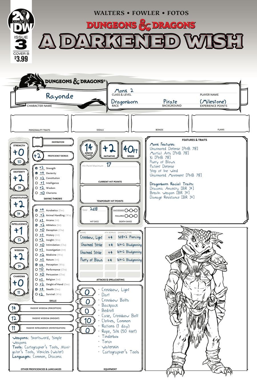 Dungeons & Dragons A Darkened Wish #3 Cover B Variant Character Sheet Cover