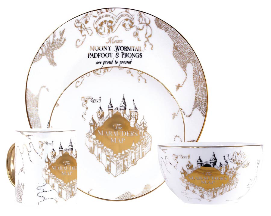Harry Potter Gold Marauders Map Ceramic Dinnerware 16-Piece Set