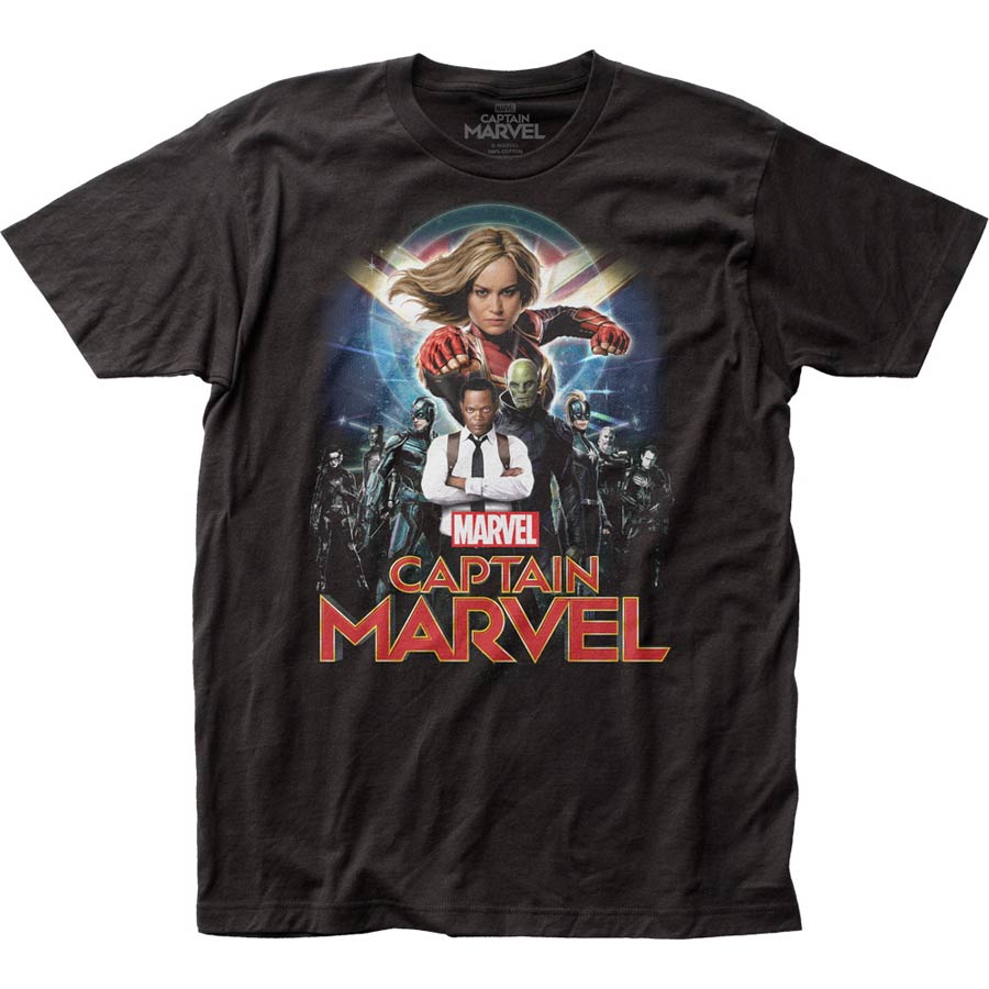 Captain Marvel Group Shot Fitted Jersey Black T-Shirt Large