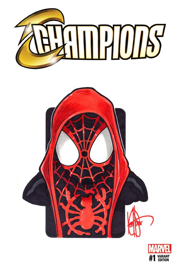 Champions (Marvel) Vol 2 #1 Cover Z DF Signed & Remarked With A Spider-Verse Miles Morales Hand-Drawn Sketch By Ken Haeser