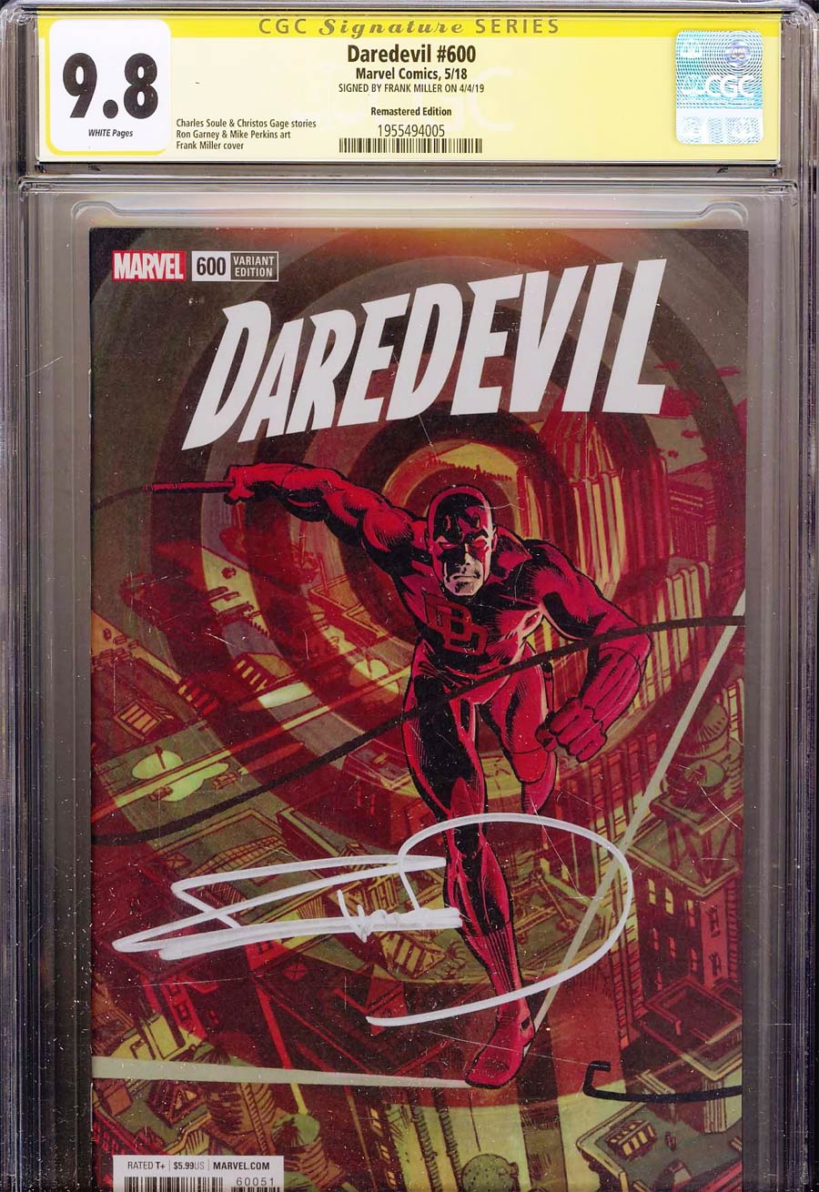 Daredevil Vol 5 #600 CGC SS 9.8 Signed By Frank Miller Incentive Frank Miller Remastered Color Variant Cover (Marvel Legacy Tie-In)