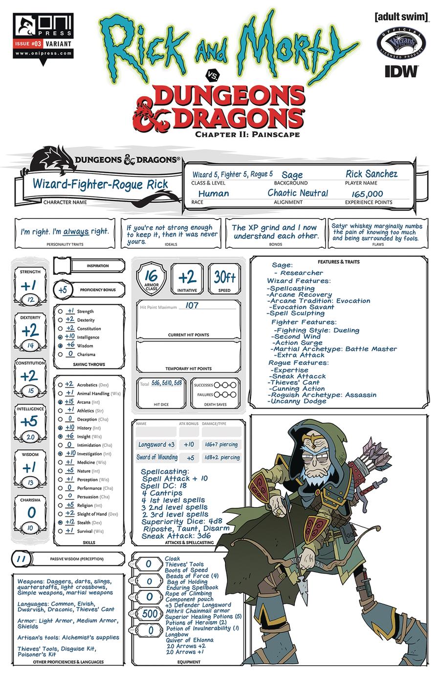 Rick And Morty vs Dungeons & Dragons Chapter II Painscape #3 Cover C Variant Character Sheet Cover