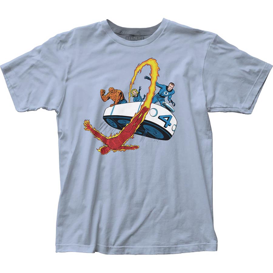 Marvel Heroes Fantastic Four And The Fantasticar Light Blue T-Shirt Large