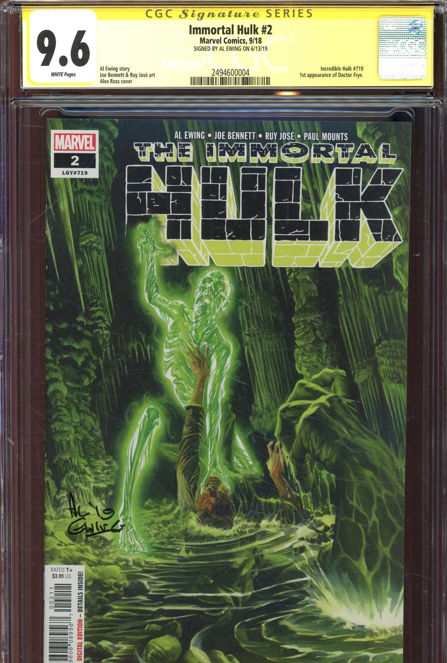 Immortal Hulk #2 Cover H Regular Alex Ross Cover Signed By Al Ewing CGC 9.6