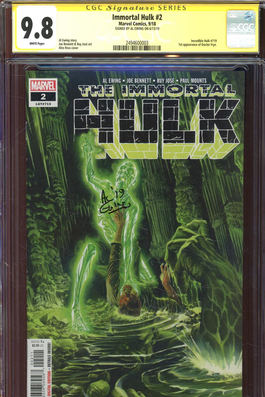 Immortal Hulk #2 Cover I Regular Alex Ross Cover Signed By Al Ewing CGC 9.8