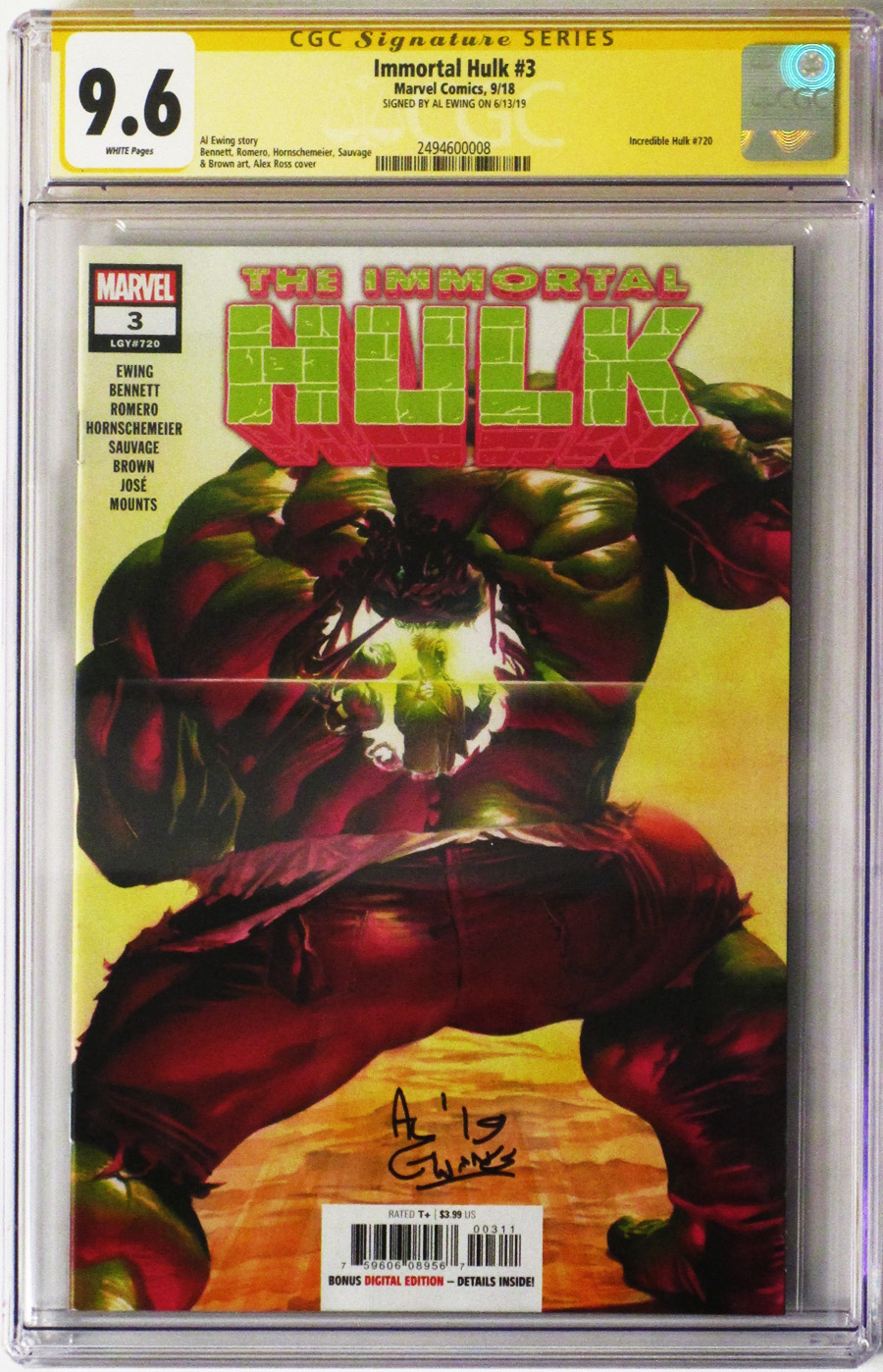 Immortal Hulk #3 Cover F Regular Alex Ross Cover Signed By Al Ewing CGC 9.6