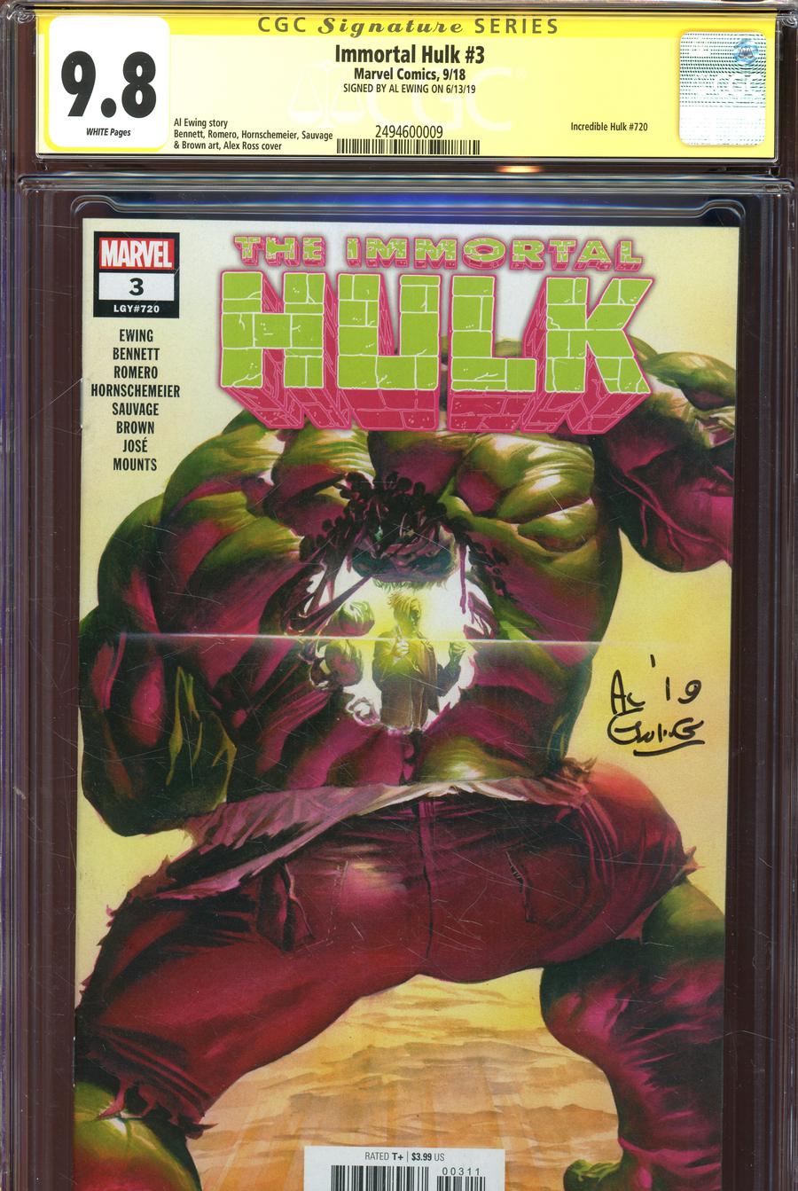 Immortal Hulk #3 Cover G Regular Alex Ross Cover Signed By Al Ewing CGC 9.8
