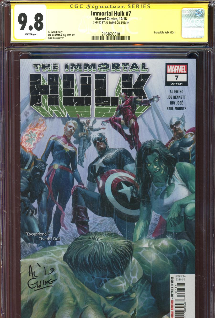 Immortal Hulk #7 Cover H Regular Alex Ross Cover Signed By Al Ewing CGC 9.8