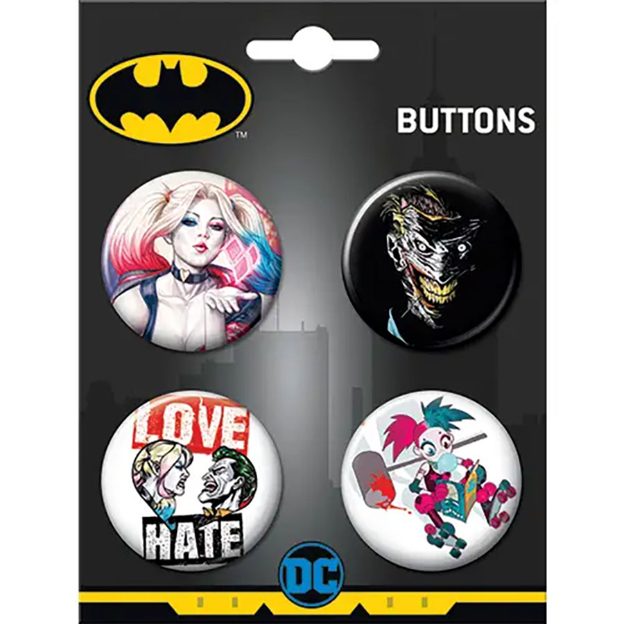 DC Comics Harley Quinn And Joker Carded 4-Button Set (87787BT4)