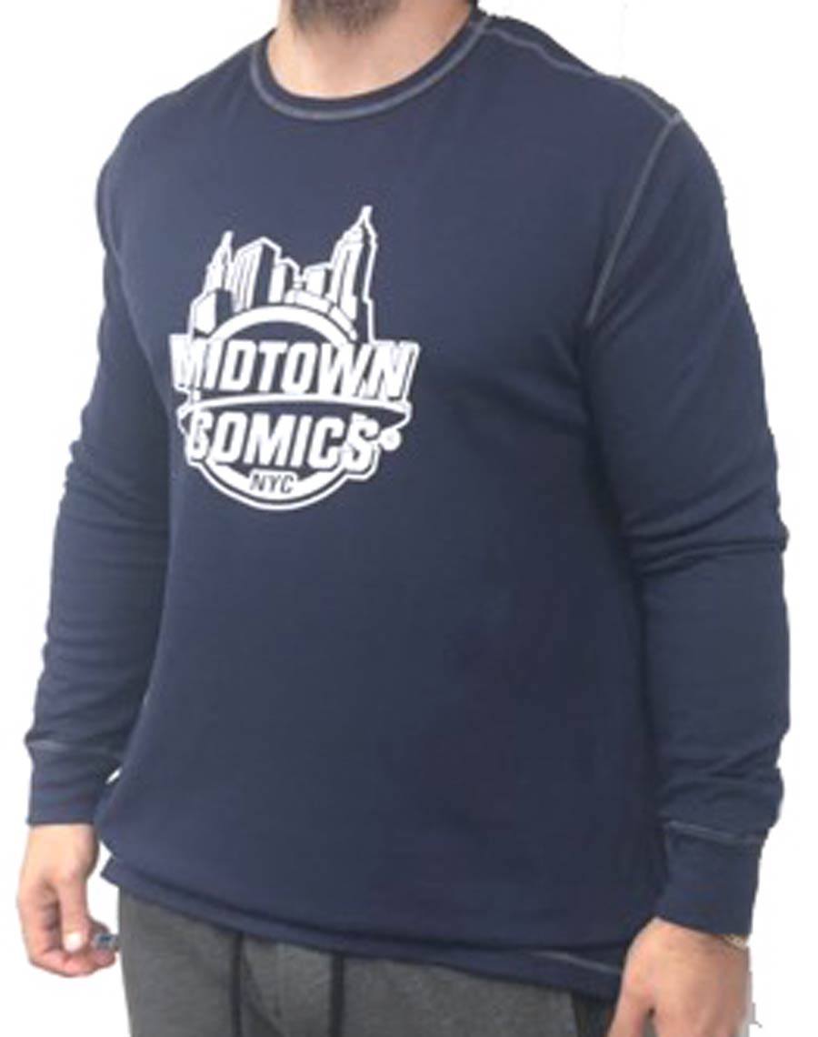 Midtown Comics White Logo Mens Navy Long Sleeve Thermal T-Shirt Large